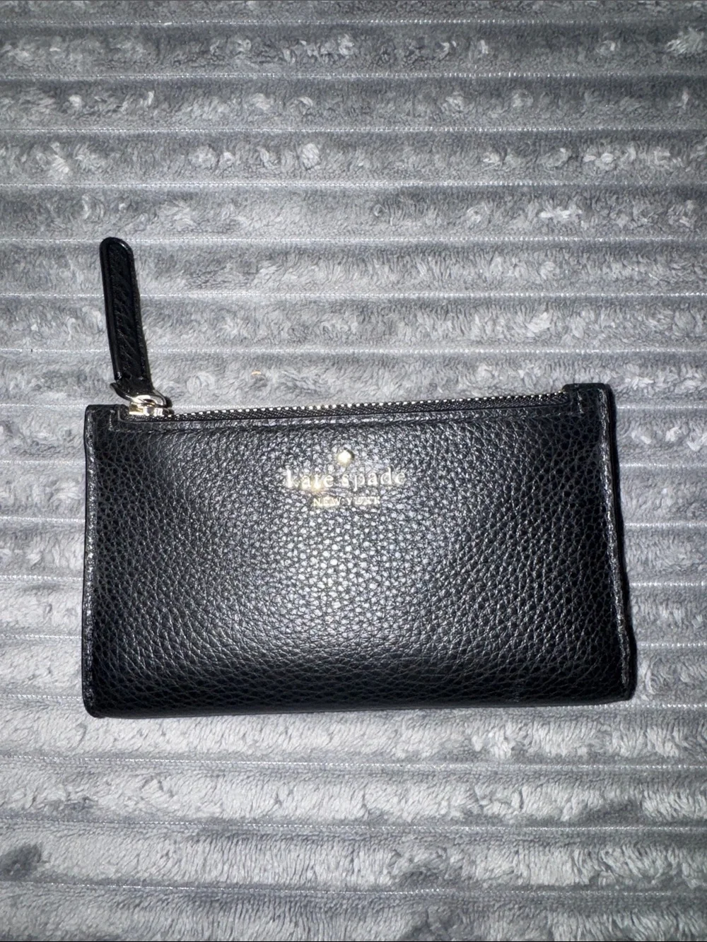 kate spade Black Pebbled Leather Zip Card Pouch with Gold Logo
